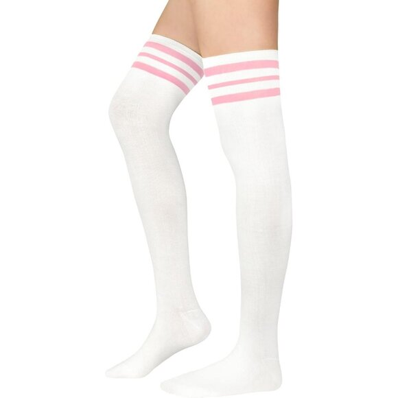 Womens Knee High Socks Long B 1 Pair White Pink - Picture 3 of 6